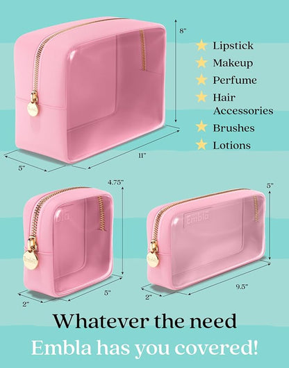 Clear Cosmetic Bags Set of 3, Mini Small Large Makeup Bags For Women Clear Pouch Cosmetics Cases Zipper Cute Pouches Make Up Travel Toiletry Essentials Preppy Purse Organizer Makeup Cases, Flamingo