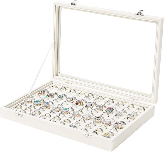 Coward Ring Organizer Jewelry Box, Beige Velvet 100 Slots Ring Display Tray Case with Transparent Glass Lid for Home Use or Store Selling Show