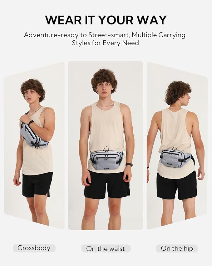 WATERFLY 3L Large Fanny Pack, 180° Opening Hip Pouch with Multi-Pockets, Anti-Theft RFID Blocking Waist Bag for Women Men Traveling Hiking Daily Use-Grey
