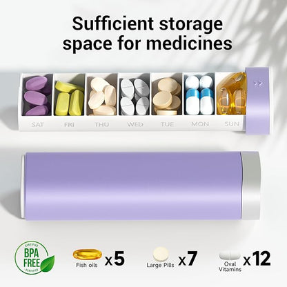 Betife Travel Pill Organizer Weekly 7 Day, Compact Daily Pill Box, Portable Medicine Case, Cute Pill Holder for Vitamins Supplements, Drawer-Shaped Pills Organizer (Purple)