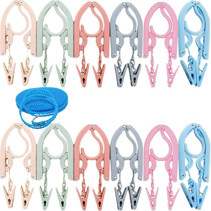 Portable Folding Travel Clothes Hangers12 Pcs with 24 Pcs Clips,with 1 Pcs Clothesline,for Scarves Suits Trousers Pants Shirts Socks Underwear Clothesp