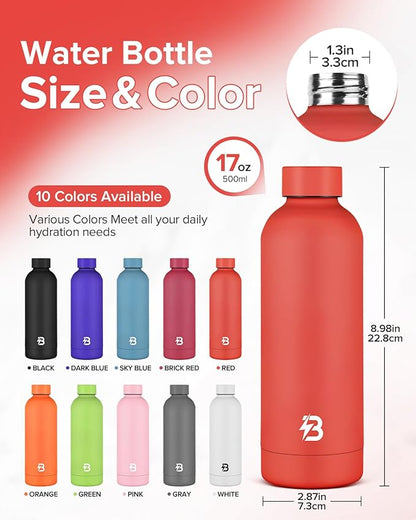 Insulated Water Bottle with Lid, 17 oz Reusable Leak-Proof Metal Stainless Steel Water Bottles for Travel, Sports, Gym, Outdoor (Red)