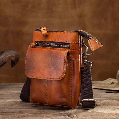 Versatile Cowhide Small Messenger Bag for Men Genuine Leather Waist Pack for Daily Use and Outdoor Activities