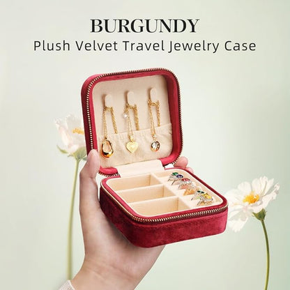 TAIMY Travel Jewelry Case, Small Plush Velvet Jewelry Box for Women and Girls, Portable Jewelry holder organizer for Rings Earrings Necklaces Bracelets(Burgundy)