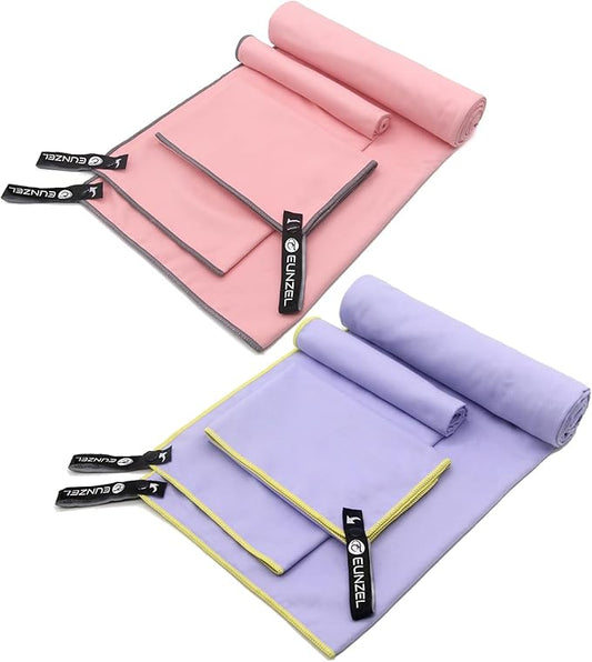 Eunzel 2 Set Quick Dry Camping Towel, Microfiber Travel Towel Super Absorbent Fast Drying Towel for Camping, Beach, Gym, Backpacking & Swimming(Two 3-Piece Towel Sets, Taro Purple/Pink)