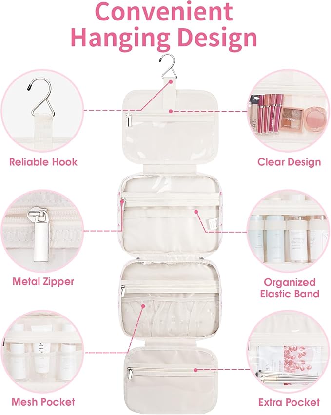 Narwey Hanging Toiletry Bag for Women Travel Makeup Bag Organizer Toiletries Bag for Travel Size Essentials Accessories Cosmetics (Bowknot and Flower (Medium))