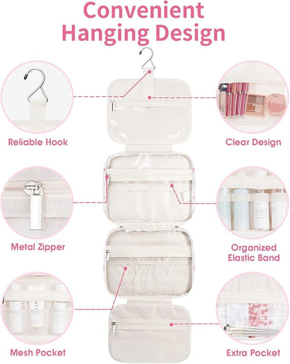 Narwey Hanging Toiletry Bag for Women Travel Makeup Bag Organizer Toiletries Bag for Travel Size Essentials Accessories Cosmetics (Bowknot and Flower (Medium))