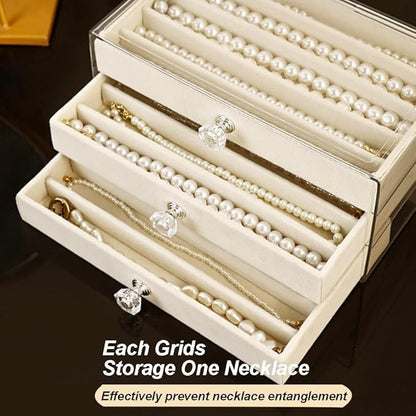SPAKOWN Necklace Organizer Box, Velvet Necklace Box Holder Tray with Clear Lid Chains Showcase Stackable Necklace Storage for Pendant Bracelet (3 Drawers - Beige)