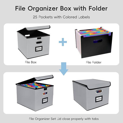 File Organizer Box with Folder, 25 Pockets Accordion File Organizer with Colored Labels, Upgraded & Portable File Folders for Home, Office, School, Silver