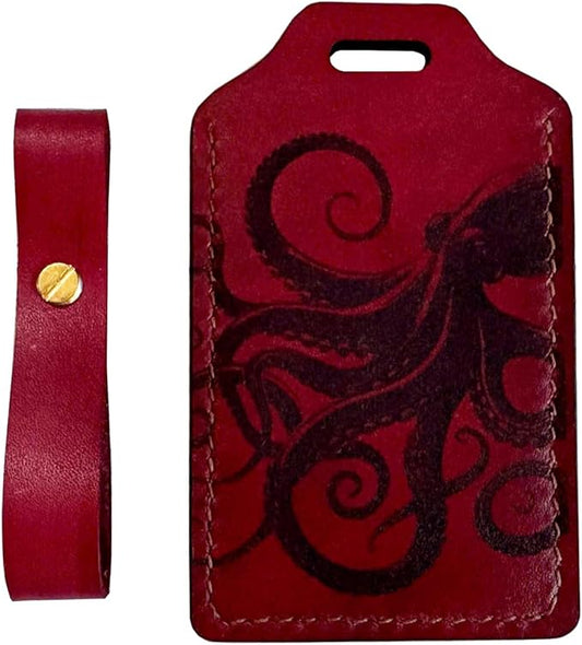 Mayan Corner - Handcrafted Leather Luggage Tag, Octopus Design, Burgundy Red with ID Window