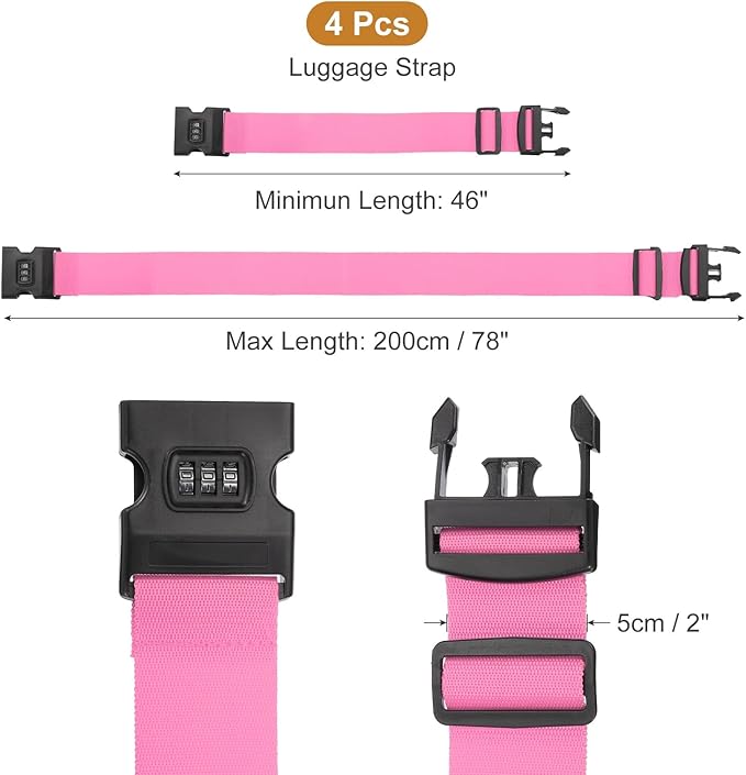 MECCANIXITY Luggage Straps with Combination Lock Adjustable Suitcase Belt Strap for Suitcase Briefcase Backpack Travel, Pink, Pack of 4