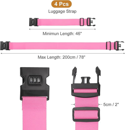 MECCANIXITY Luggage Straps with Combination Lock Adjustable Suitcase Belt Strap for Suitcase Briefcase Backpack Travel, Pink, Pack of 4