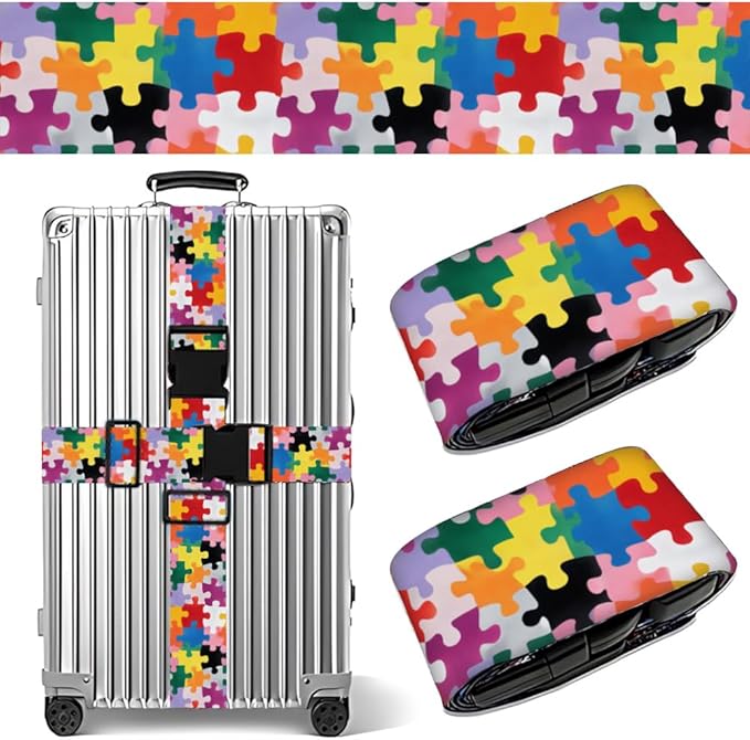 2PC,Puzzle Pattern Luggage Strap 1.97 x 70.84 inch Colorful Piece Design Adjustable Suitcase Belt Durable Nylon Baggage Identifier Creative Travel Accessory for Family Trips