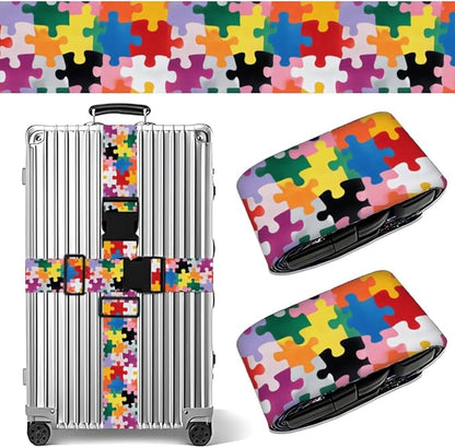 2PC,Puzzle Pattern Luggage Strap 1.97 x 70.84 inch Colorful Piece Design Adjustable Suitcase Belt Durable Nylon Baggage Identifier Creative Travel Accessory for Family Trips