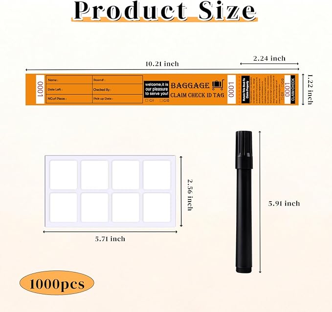 1000 Tags Luggage Tags for Suitcases | Hotels Baggage Claim Check for Bag with Transfer Tape & Serial Numbering, A Marker & Double-Sided Tape | Hotel Luggage Claim Bulk Ticket, Orange