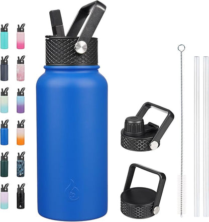 BJPKPK Insulated Water Bottles with Straw Lid, 27oz Stainless Steel Water Bottle with 3 Lids, Leak Proof BPA Free Metal Thermo, Mugs, Tumblers, Keep Cold Hot -Sapphire