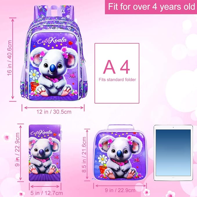 WZLVO 3PCS Backpack for Girls, 16" Kids Koala Preschool Bookbag with Lunch Box，Cute Animal Water Resistant School Backpacks Set for Elementary Kindergarten