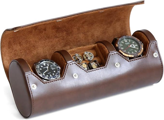 Mens Watch and Cufflink Travel Set, PU Leather Case - 2 Watch & Cufflink Organizer, Portable Storage Box Gift Set