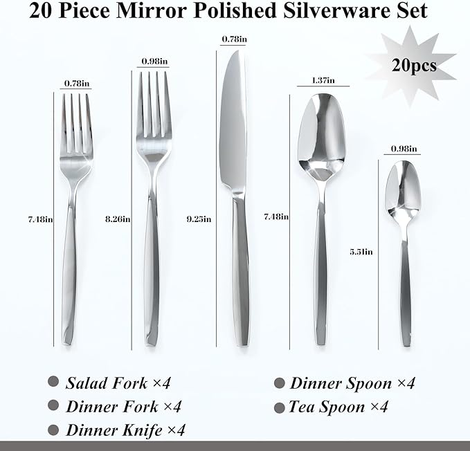 Silverware Set For 4, 20-Piece Flatware Set Cutlery Set,Premium Stainless Steel,Tableware Include Forks Knives Spoons for Kitchen, Home, Wedding, Party, Mirror Polished and Dishwasher Safe
