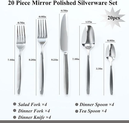 Silverware Set For 4, 20-Piece Flatware Set Cutlery Set,Premium Stainless Steel,Tableware Include Forks Knives Spoons for Kitchen, Home, Wedding, Party, Mirror Polished and Dishwasher Safe