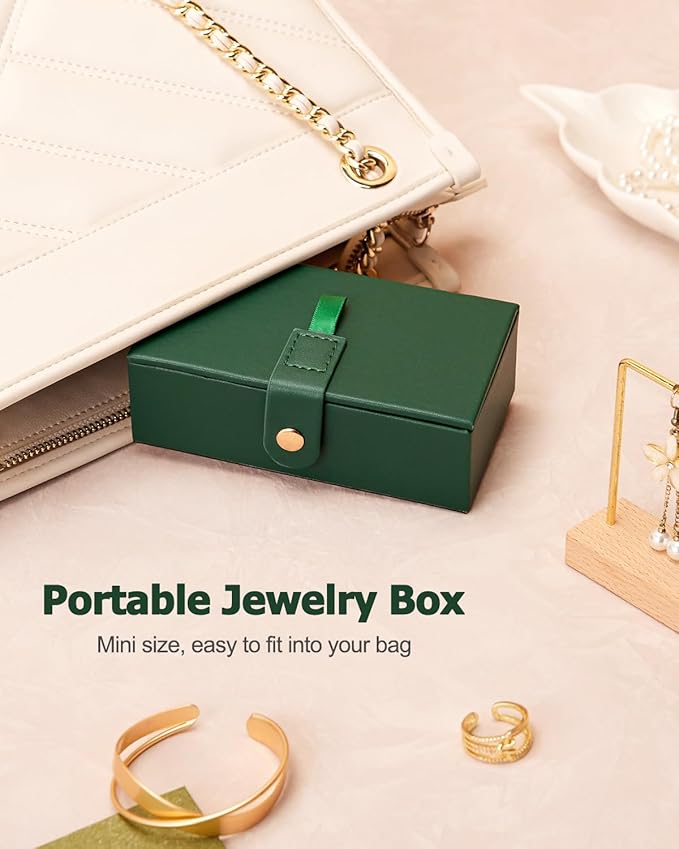Homde 2 IN 1 Jewelry Box for Women Girls with Small Travel Case Mirror Necklace Ring Earrings Organizer - Christmas Gifts (Forest Green + Gold)