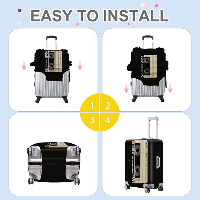 ANNA QUEEN Retro Cassette Tape Luggage Cover, Vintage Music Design Suitcase Protector, Washable Stretchable Travel Sleeve for 28-30 Inch Luggage