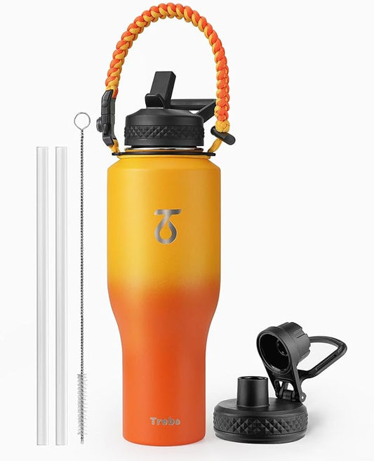 Trebo 40oz Insulated Water Bottle that Fits in Cup Holder, Stainless Steel Bottles Tumbler Double Wall Metal with Straw Spout Lids,Travel Flask with Paracord Handle, Sweat Proof Keep Cold &Hot,Orange