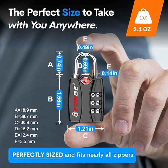 Forge TSA Approved Luggage Locks for School, Gym, Suitcase, Baggage, and Locker. Open Alert Indicator, Easy Read Dials, Alloy Body. Matte Black, 2-Pack.