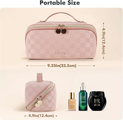 Prite Makeup Bag for Women Travel Waterproof Vegan Leather Cosmetic Bag Open Flat Toiletry Bag With Clear Divider and Handle (Plaid Pink)