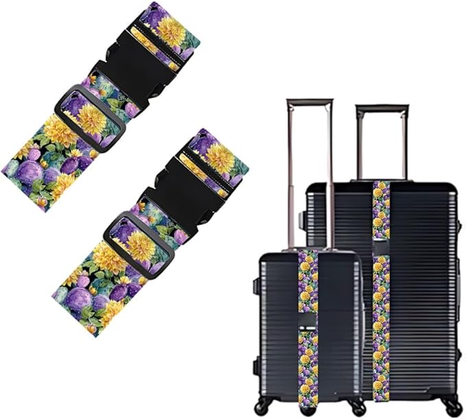2PC,Cactus Flower Luggage Strap 1.97 x 70.84 inch Purple Green Yellow Botanical Design Adjustable Suitcase Belt Durable Nylon Baggage Identifier for Nature Travel Lovers