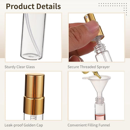 50 Pcs 10 ml Perfume Bottles - Refillable Glass Mini Spray Bottles, Portable Travel Sample Containers, Fine Mist Atomizers with Caps, Includes 2 Funnels and 2 Dispensers, Ideal for Liquids, Gold