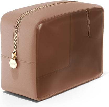 Embla London Makeup Bag Cosmetic Case, Clear Zipper Make Up Pouch and Toiletry Travel Tote, Cute Skincare Pouches for Women Girls, Preppy Purse Cosmetic Organizer, Large Makeup Bags, Mocha Mousse