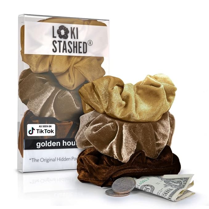 3-PACK Velvet Hair Tie Scrunchies for VSCO Girls & Women, THE ORIGINAL HIDDEN POCKET SCRUNCHIE with Zipper Pocket Storage, Accessories, Small Items, Keys, Money (Golden Hour Set)