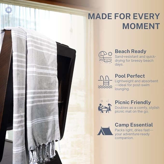 Cotton Turkish Beach Towel with Towels Oversized 36"x72" Pool Absorbent Extra Large Quick Dry Sand Travel Towel (Silver Mist, 4 Pack)