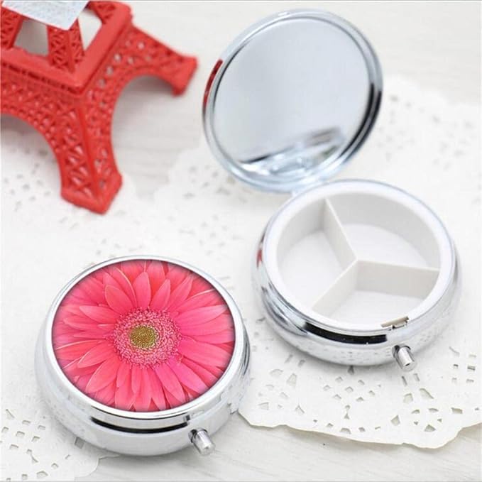 Pill Box,Bright Pink Gerbera Daisy Flower Round Pill Box 3 Compartment Decorative Pocket Purse Portable Mini Travel Medicine Tablet Vitamin Holder Organizer Pill Case