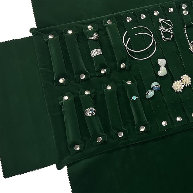 UnionPlus Velvet Jewelry Case Roll Bag for Necklace Bracelet Earrings Rings Multi-compartments, Great Jewelry Organizer for Travel, Blackish Green