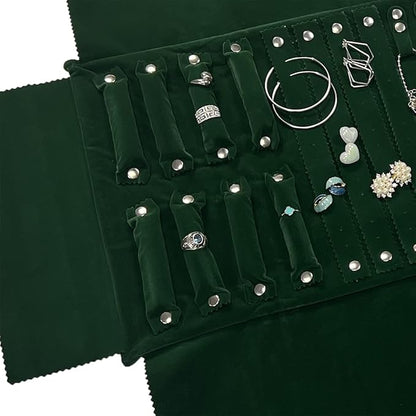 UnionPlus Velvet Jewelry Case Roll Bag for Necklace Bracelet Earrings Rings Multi-compartments, Great Jewelry Organizer for Travel, Blackish Green