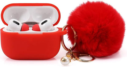 Protective Case Cover for Airpods Pro Charging Case with Ear Tips 1 Pair Kit, Air Pods Silicone Case with Soft Cute Ball Pom Pom Keychain Kit Together with Ear Buds Tips 2&1 (X, Red)