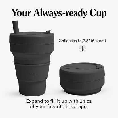 STOJO Collapsible Travel Cup - Reusable To-Go Pocket Size Silicone Bottle for Hot and Cold Drinks - Perfect for Camping - Microwave & Dishwasher Safe (Carbon, 24 Ounce (Pack of 1))