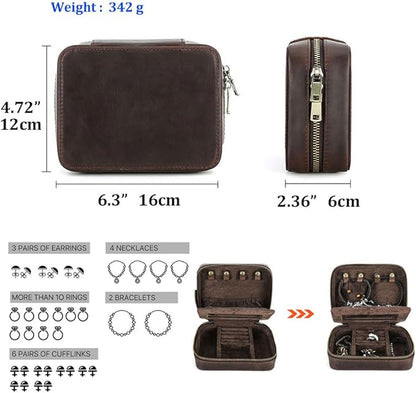 CONTACTS Genuine Leather Jewelry Box for Men Travel Jewelry Organizer Zipper Jewelry Cufflinks Ring Necklace Bracelet Storage Case with Mirror, Rectangular+mirror, Coffee