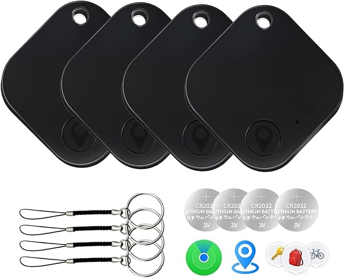 Air Tags-4 Pack Bluetooth Tracker Tag with Extra Battery, Work with Apple Find My (iOS Only, Not for Android), Item Finder for Keys, Backpack, Suitcase, Wallet, Luggage, Black