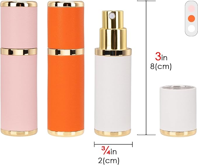 LUEXBOX 3 Pack Portable Perfume Bottle for Travel, Mini Refillable Perfume Dispenser, 5ml Faux Leather Leak Proof Perfume Atomizers Bottles Sprayer for Pocket Perfume (White, Pink, Orange)