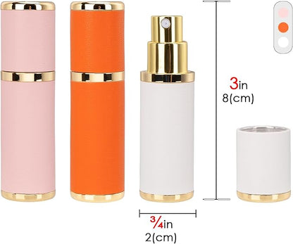 LUEXBOX 3 Pack Portable Perfume Bottle for Travel, Mini Refillable Perfume Dispenser, 5ml Faux Leather Leak Proof Perfume Atomizers Bottles Sprayer for Pocket Perfume (White, Pink, Orange)