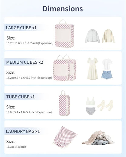 Narwey 5 Set Compression Packing Cubes for Travel, Luggage Packing Organizer Bags for Carry on Suitcase, Expandable Checkered Storage Bags with Laundry & Handle (Dusty Pink Checkerboard)