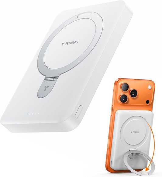 TORRAS EasyGo 10000mAh Magnetic Portable Charger Power Bank for iPhone, Fast Charging Travel Essential Wireless Battery Pack with Stand Compatible with Magsafe, 17 Pro Max,Pro,16,15,14,13,12, White