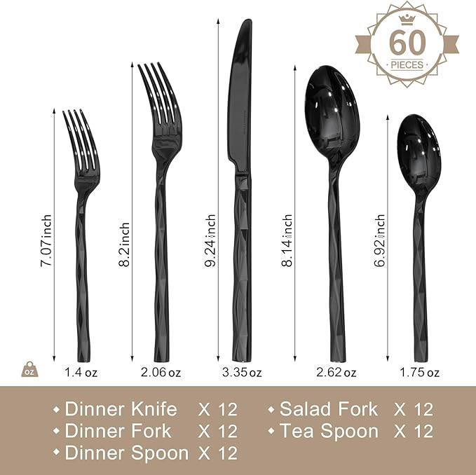 KINGSTONE Black Silverware Set, Luxury 60 Piece Flatware Set for, 18/10 Stainless Steel Cutlery Set with Diamond Cut Pattern for Kitchen, Home, Wedding, Party, Mirror Polished and Dishwasher Safe