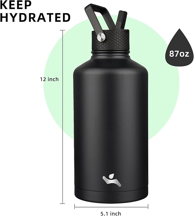 Insulated Water Bottle with Straw,87 oz 3 Lids Water Jug with Carrying Bag,Paracord Handle,Double Wall Vacuum Stainless Steel Metal Flask,Black