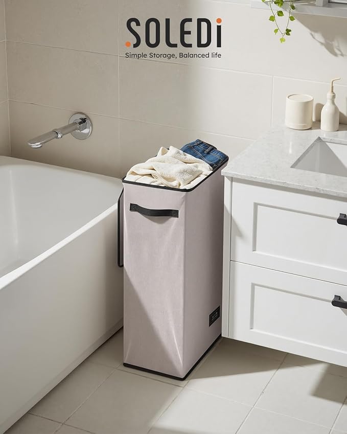 SOLEDI Slim Laundry Hamper with Lid, Narrow Laundry Basket with Removable Bags, Dirty Clothes Hamper with handle, Small Hamper perfect for Laundry room, Bathroom, Bedroom, Small spaces.Light taupe