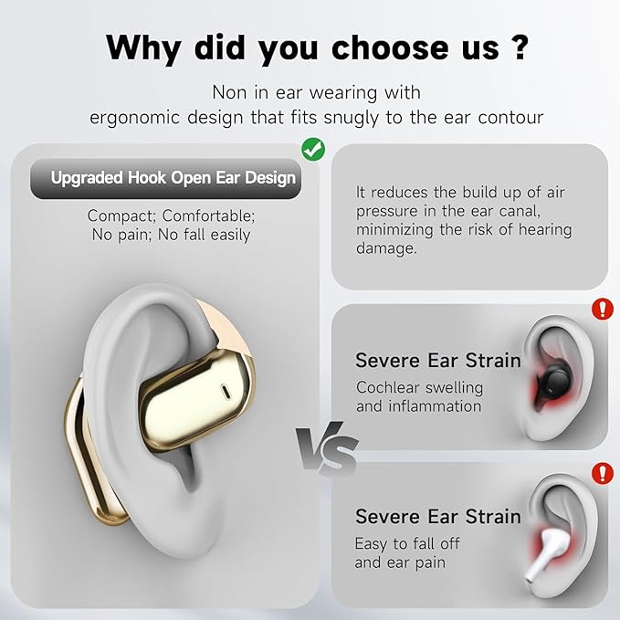 Open Ear Bluetooth 5.4 Earbuds, Wireless Headphones Sport Over Earphones Built-in Mic with Ear Hooks, 60H Playtime Ear Buds Fast Charging, IPX7 Waterproof for Running/Workout,kin Color