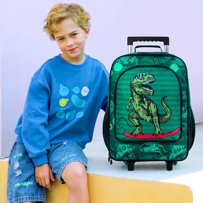 Kids Suitcase for Boys, Cute Dinosaur Rolling Luggage Wheels for Children Toddler (Green)